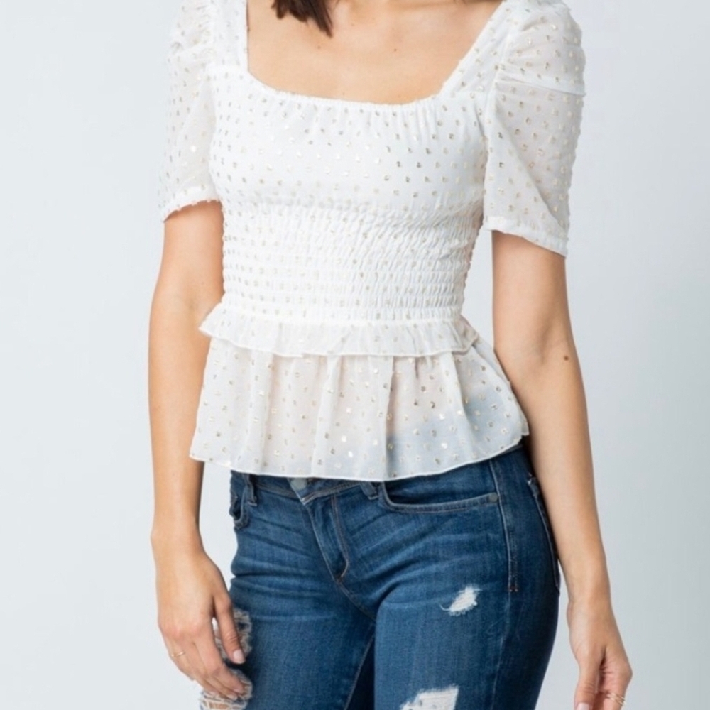 Alpha & Omega White w/ Gold Detail Smocked Peplum Top Size Small NWT